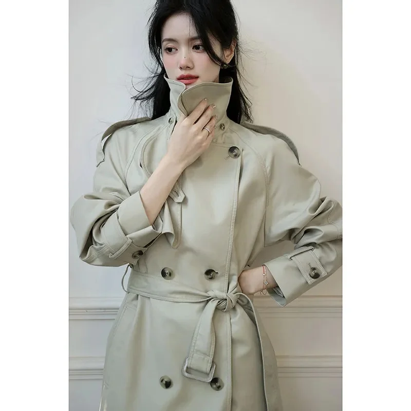 2024 New Medium Long Over-the-knee British Trench Coat Women Spring Autumn High-grade Double-breasted Collar Long-sleeved Coats