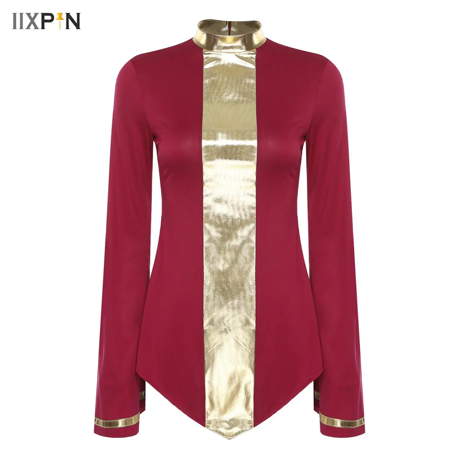 

Womens Liturgical Praise Dance Tops Metallic Mock Neck Flared Long Sleeve Irregular Hem Shirt Blouse Worship Lyrical Dancewear