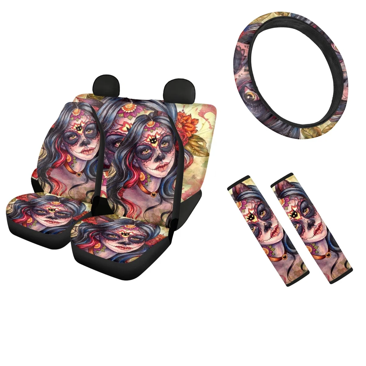 

Beautiful Skull Design Car Seat Covers Front/Back Comfortable Steering Wheel Cover for Women Durable Vehicle Interior Seatbelt