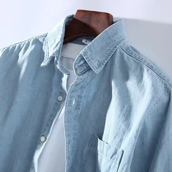 Men's Casual Denim Shirt Fashion New Simple Casual Cotton Slim Jean Long Sleeve Shirt Male Brand Clothes Top Blue