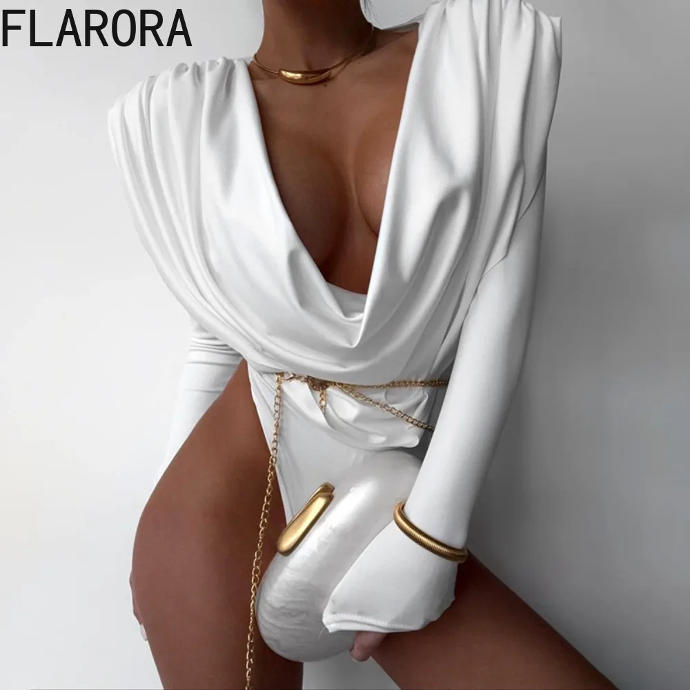 

FLARORA Sexy Deep V Swing Collar Bodysuits Woman Chic Solid Color High Waist Full Sleeve Skinny Rompers Elegant Ruched Body Tops