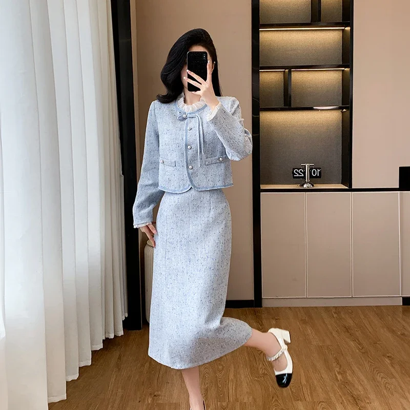 Real Shot Blue Sea Legend Fashion Set Women's Blue Classic Style Heiress Top Skirt Long Short Set Female Office Lady Clothing