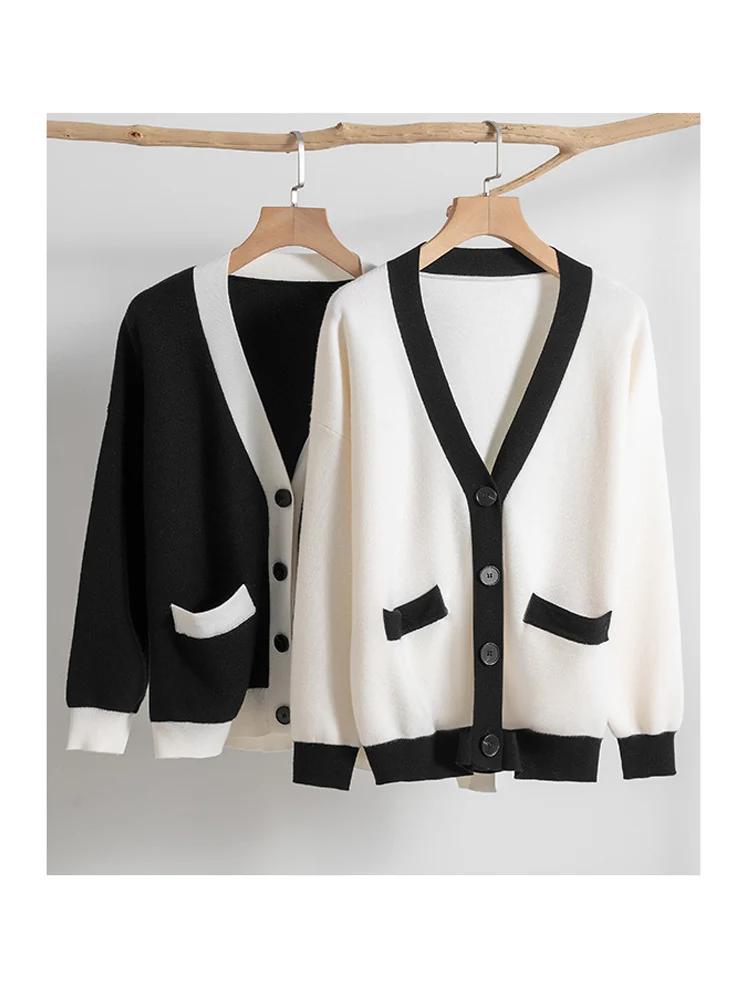 SuyaDream, Cardigans For Woman, 100%Wool, V Neck Black Loose Sweaters, 2024 Fall Winter Jackets, White