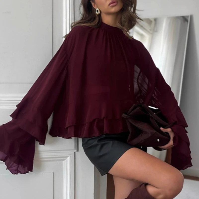 Süßes braunes Chiffon-Stehkragen-Plissee-Hemd mit ausgestellten Ärmeln für Damen für Frühling und Sommer. Neu im modischen Temperament-Top