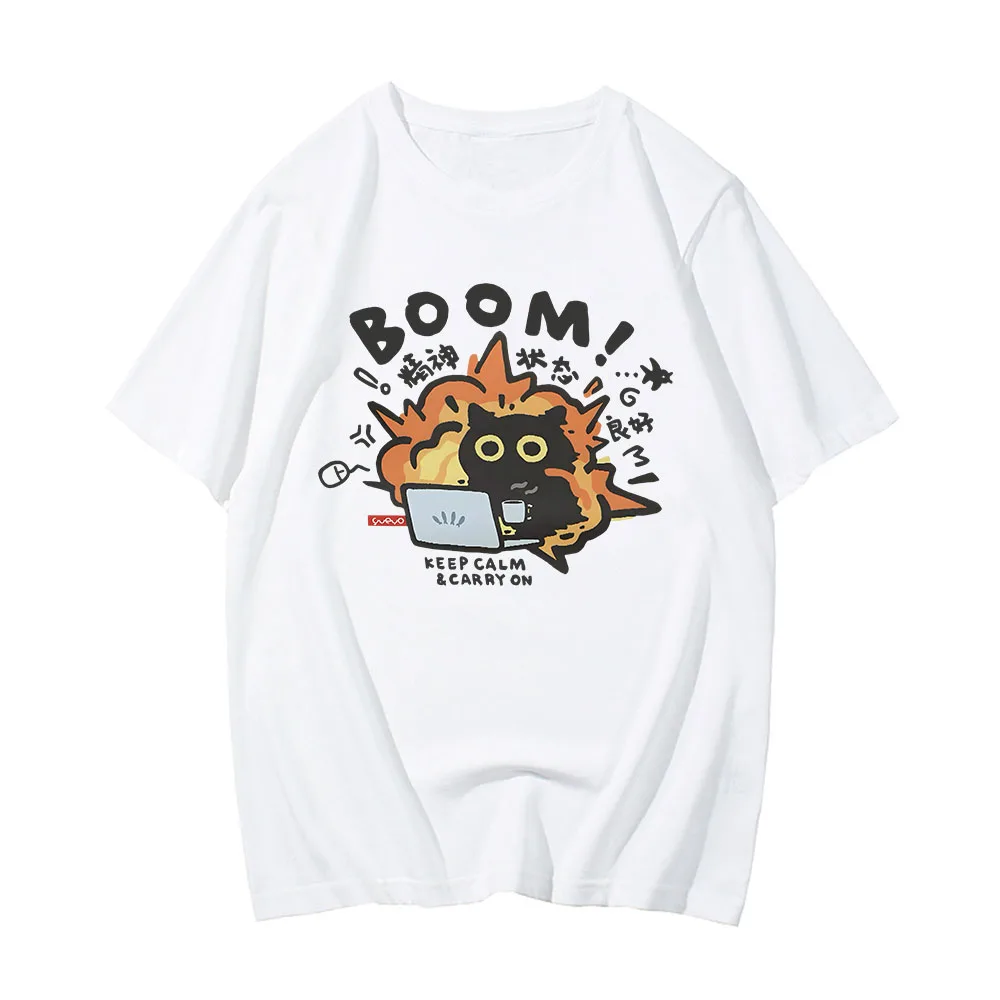 Boom CAT T-shirt Mental Pure Cotton Short Sleeved Tshirt for Men Women 2024 Summer New Tee Clothes Loose Casual Cartoon Tops