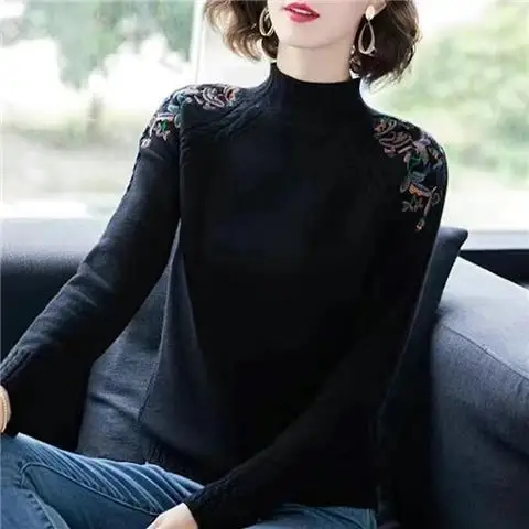 Embroidered Flowers Mock Neck Women Sweaters Fall Winter Thick Warm Pullover Slim Tops Ribbed Knitted Sweater Soft Pull D123