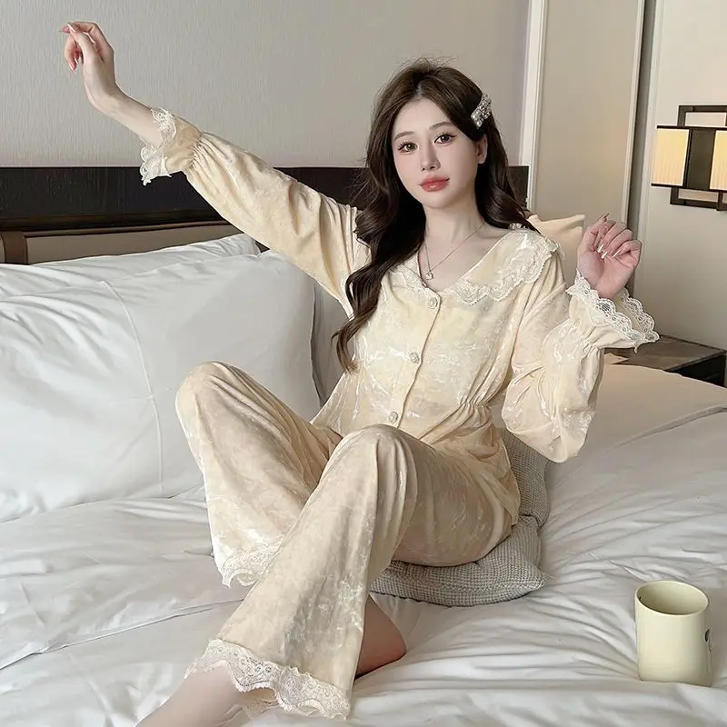 Can Worn Outside The Home Clothes Large Size Slimming Pyjamas Korean Version of Gold Diamond Velvet Sweet Princess Wind Two Sets