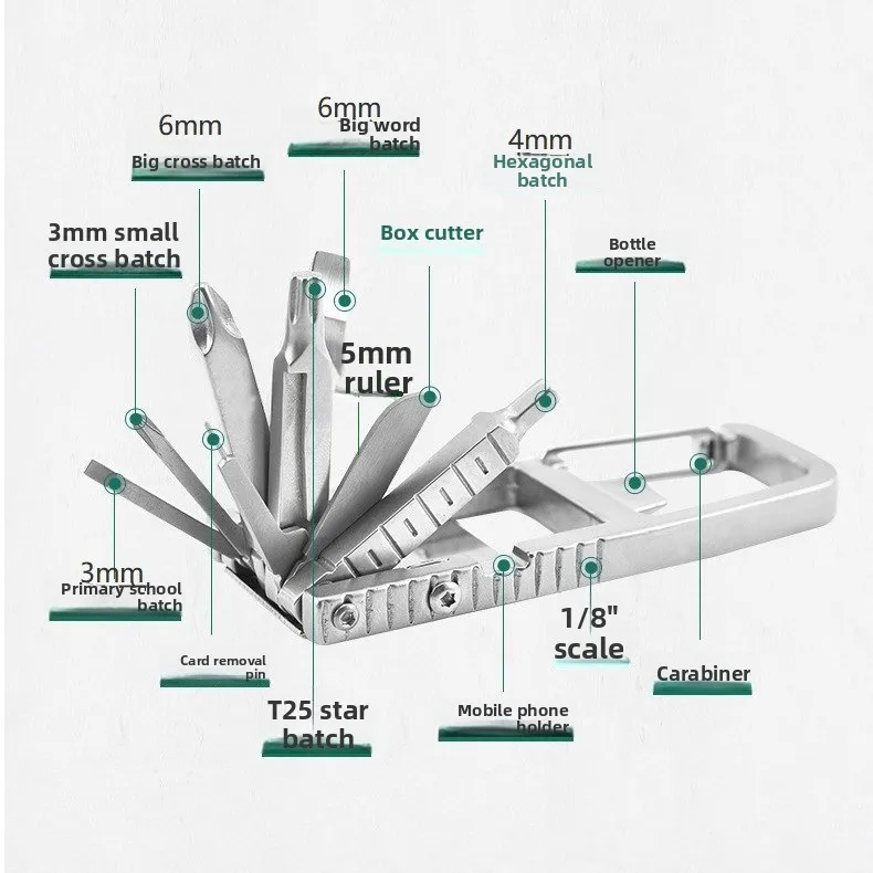12 in 1 Multifunctional EDC Pocket Tool Screwdriver Set Box Cutter Bottle Opener Phone Stand Carabiner Outdoor Portable
