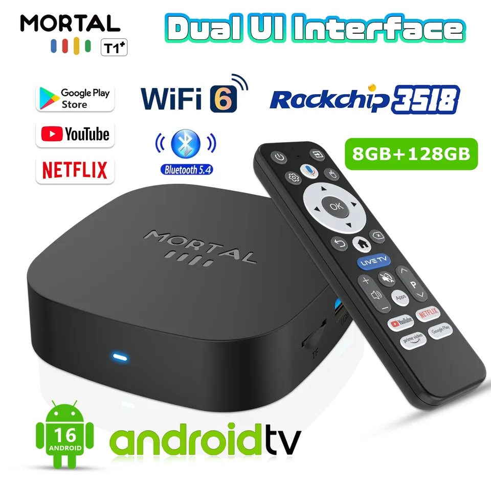 2025 Nuevo T1+ 8K HD TV Box Android 16.0 RK3518 Quad Core 8GB RAM 128GB ROM Doble WiFi 2.4G/5.8G Reproductor multimedia para cine en casa