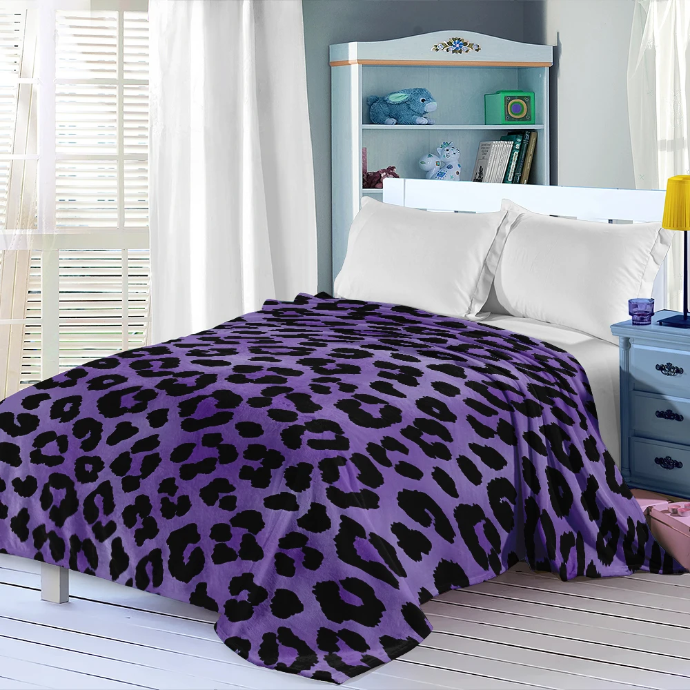 Purple Black Leopard Print Flannel Blanket Perfect For Sofa Office Bed Travel Sleep Read Relax Camping Four Season Use