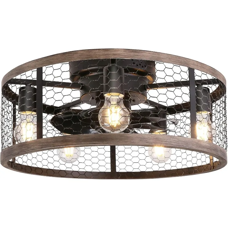 

20'' Flush Mount Caged Ceiling Fan with Lights Remote Control, Farmhouse Rustic Low Profile Small Vintage Enclosed Ceiling Fan