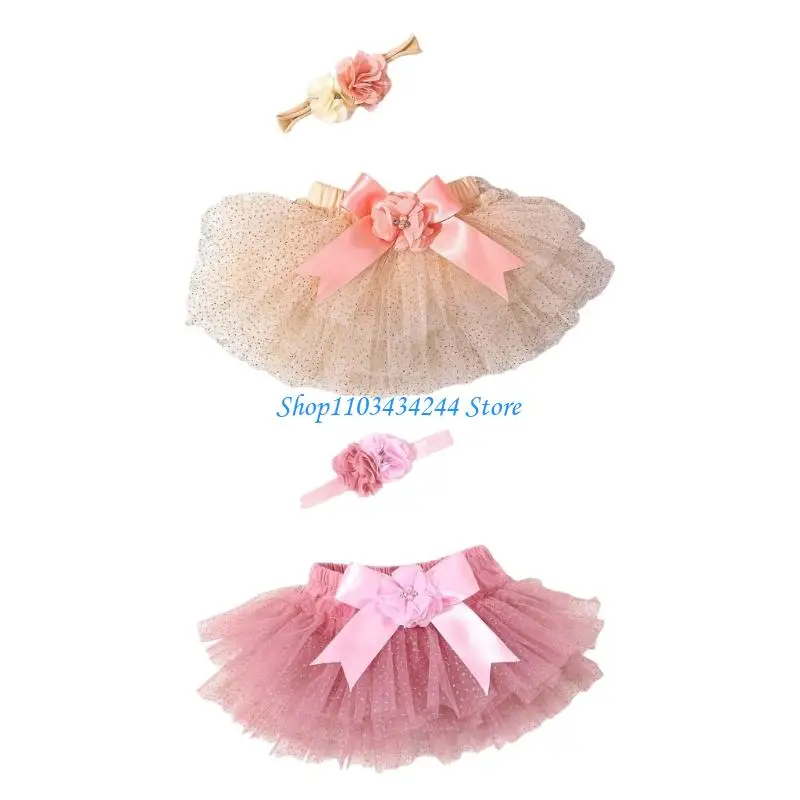 Professional Newborn Photography Outfit Layered Tulle Skirt Glitters Bows Flower Headbands Set