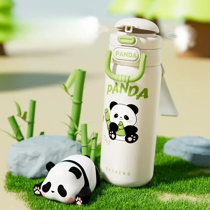 Bouteille Thermos en acier inoxydable de 490ml, tasse d'eau en paille de Panda mignon pour enfants et étudiants, tasse d'eau de sport à Double couvercle élastique