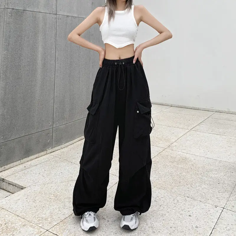 Vintage Drawstring Baggy Cargo Pants Women Summer Y2k Casual Streetwear Loose Wide Leg Trousers Elastic Wasit Pockets 2023