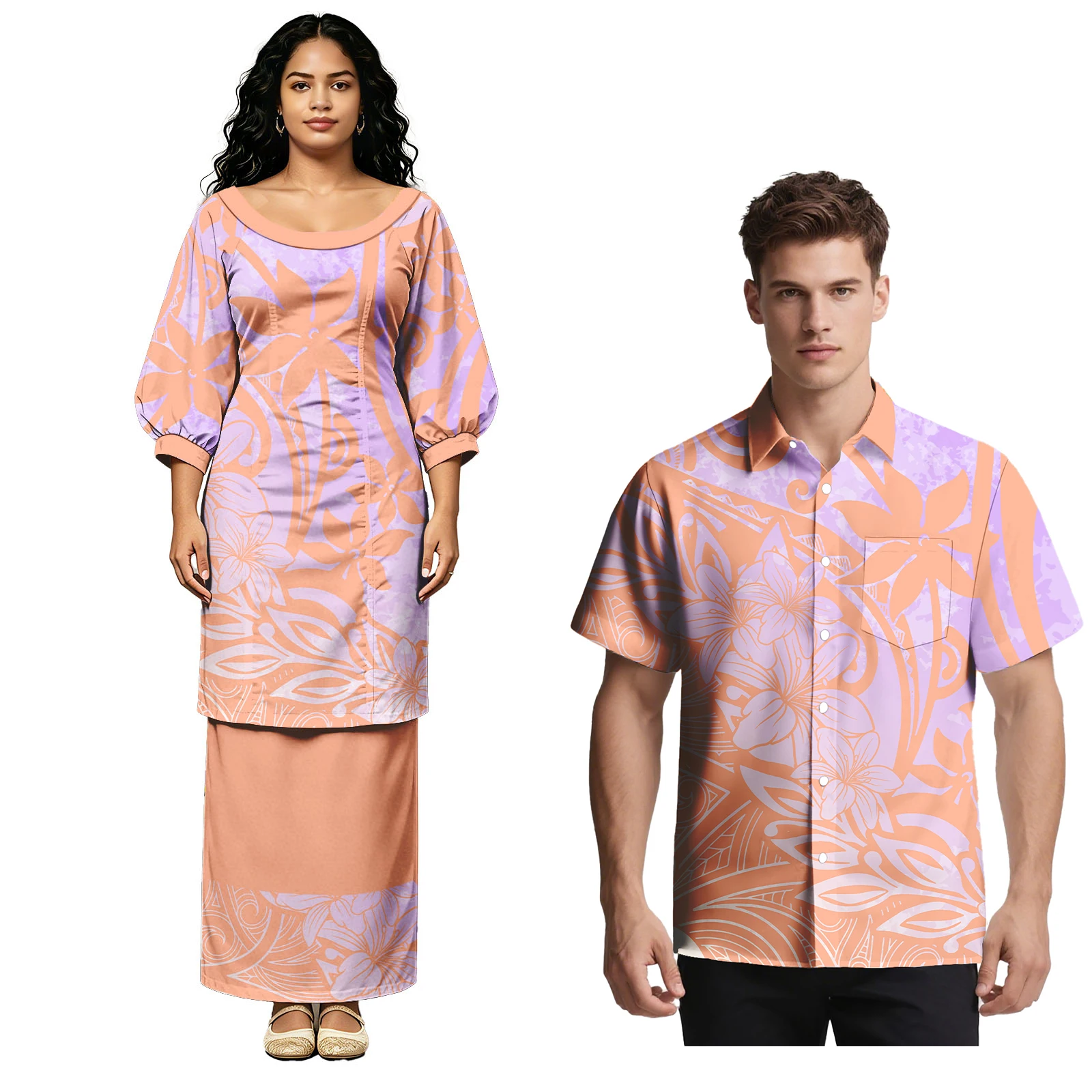 Church Prom Couple Suit Men Aloha Shirts Ladies Midi Sleeve Samoan Puletasi Dress Polynesian Tribal Design Couple Match Outfits