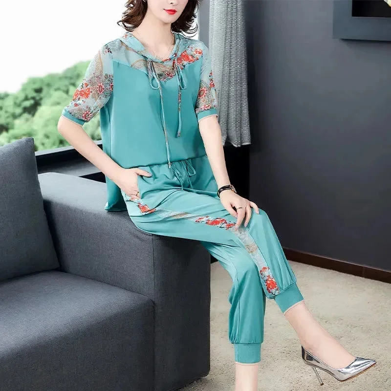 Large Size Suit Women 2024 New Summer Set High-End Leisure 2PCS Female Two-Piece Harem Pants Middle-Aged Elderly Mother\'s Outfit