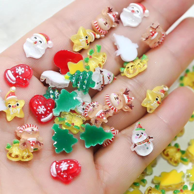 10Pcs Christmas Cartoon Nails Decoration Santa Claus Elk Bell Tree Resin Nail Charms Cute Jewelry Party Decoration Accessories