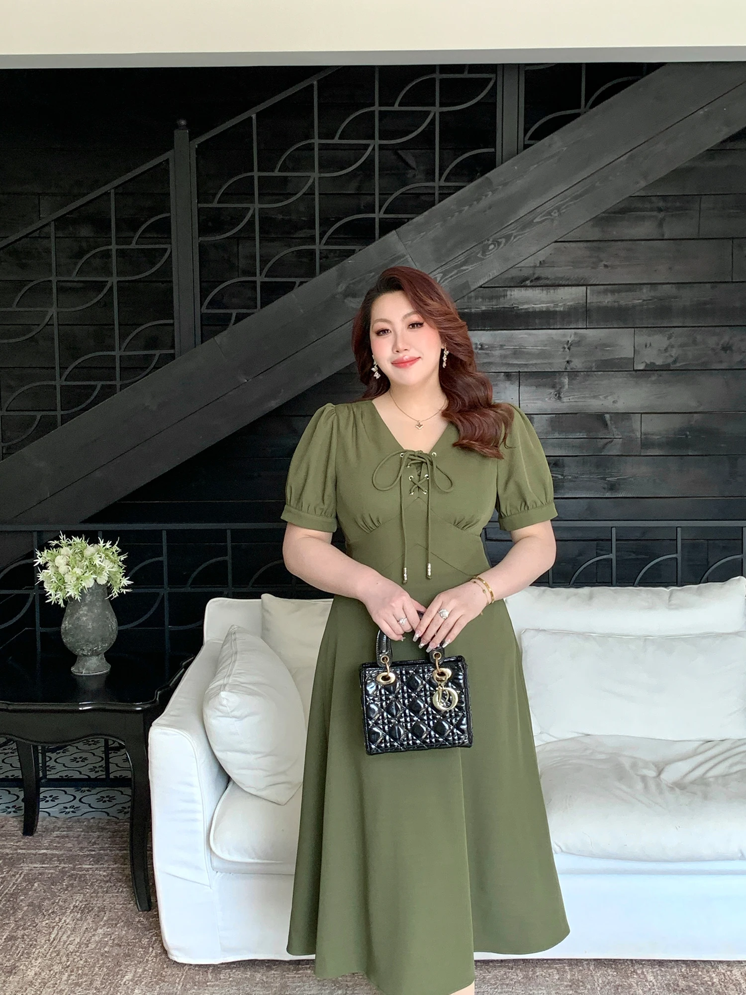 

GLEC plus Size Women's Vintage V-Neck Dress Slimming Waist High Waist A-Line Skirt Short Sleeve Long Dress Summer New Arrival