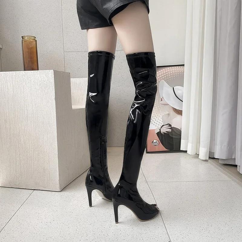 Spring 2023 New Open Toe High Heels Women Boot Slim Heels Knight  Night Club Sexy Steel Pipe Dance Boot Black Knee Boot Muje