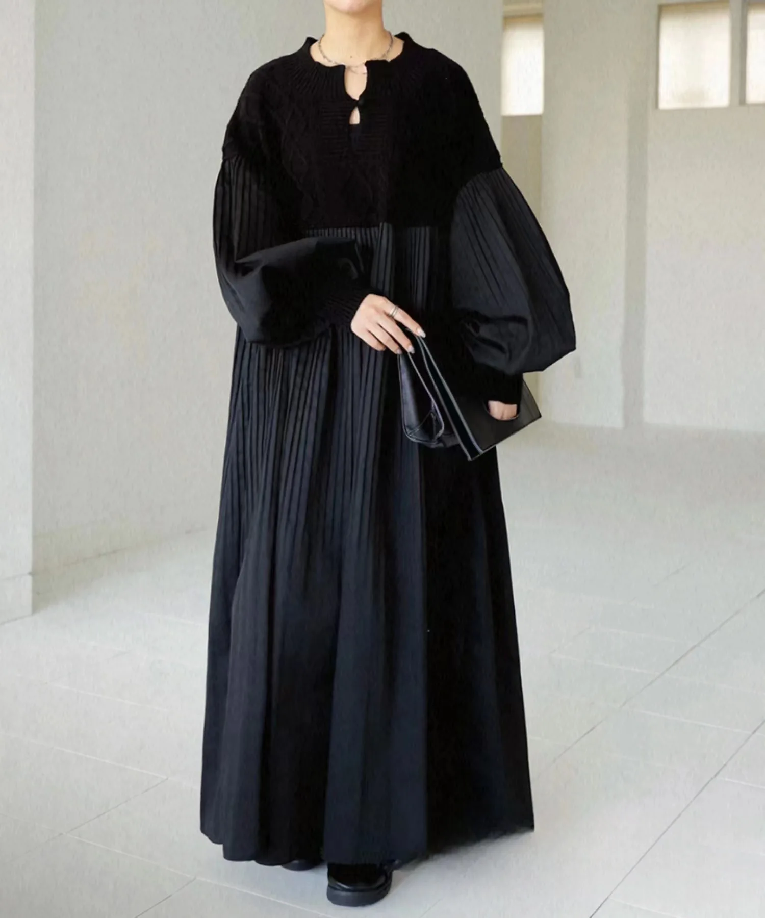 レトロな大きいサイズのダイヤモンド柄セータードレス、ランタンスリーブロングスカート、ハイウエストAラインガウン、女性用秋冬