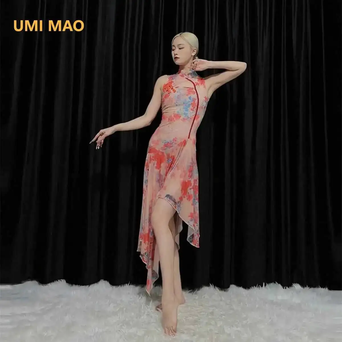 UMI MAO Chinese Style Irregular Dress With Floral Petals Hem Jazz Modern Dance Cheongsam Summer Femme Y2K