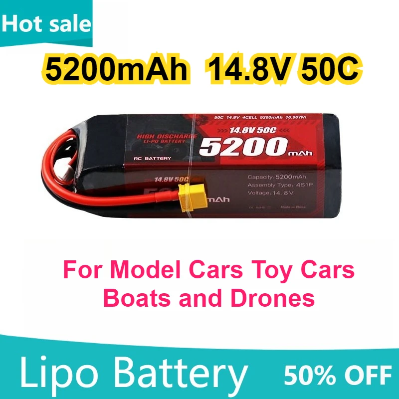 

5200mah 4S 14.8V 50C Rechargeable Batteries for Model Cars Toy Cars Boats Drones Compatible Lipo Battery