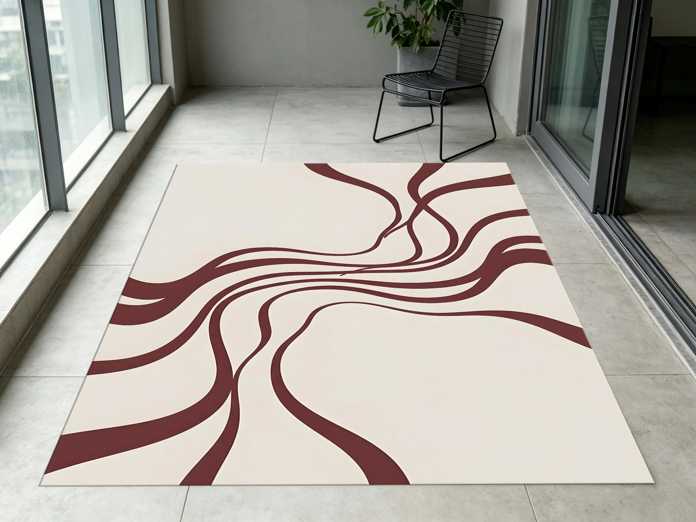 2D Large Rug, Beige & Reddish-Brown Flowing Line Pattern, Minimalist Style, Living Room & Bedroom