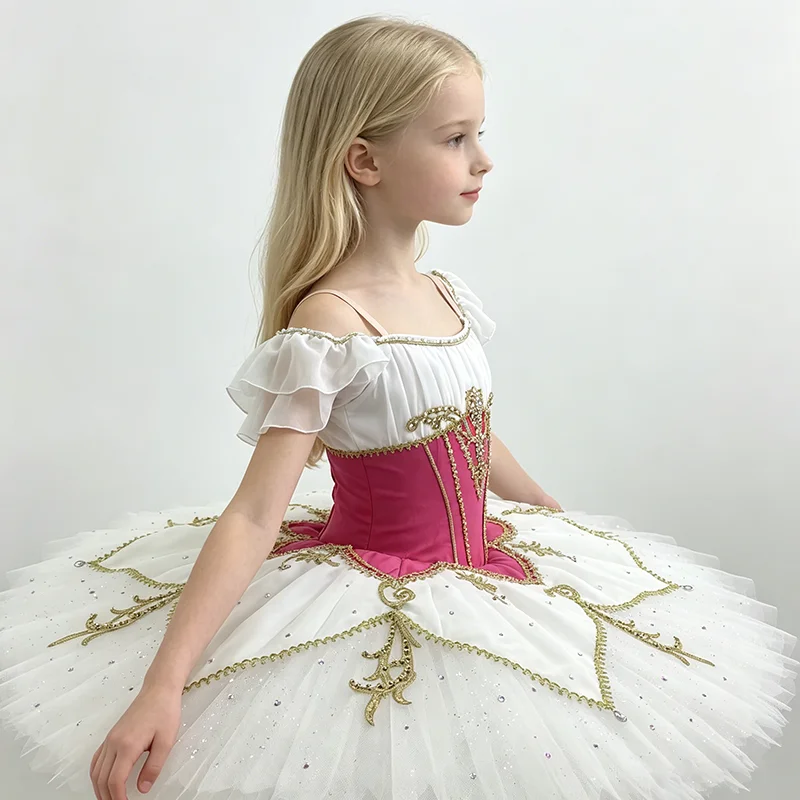 Women ruffle fly short sleeve square neck ballet tutu performance dress rhinestone gilded vine embroidery fuchsia white contrast