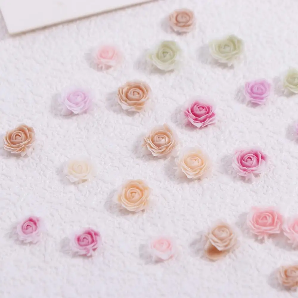 50Pcs Resin Gradient Rose Nail Art Charm 3D Mixed Size 6mm + 8mm Carving Camellia Flowers Nails Rhinestones Manicure Accessories