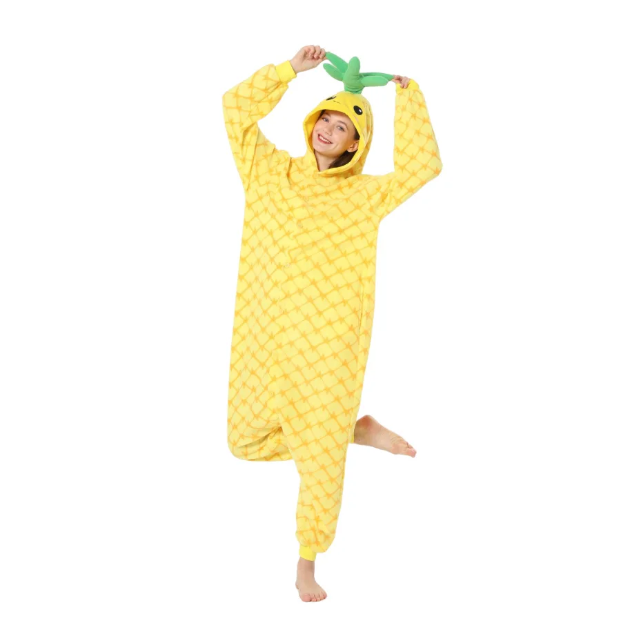 Kigurumi Yellow Pineapple Onesies Pajamas Unisex Adult Pajamas Halloween Cosplay Costume Cartoon Onesie Sleepwear Jumpsuit