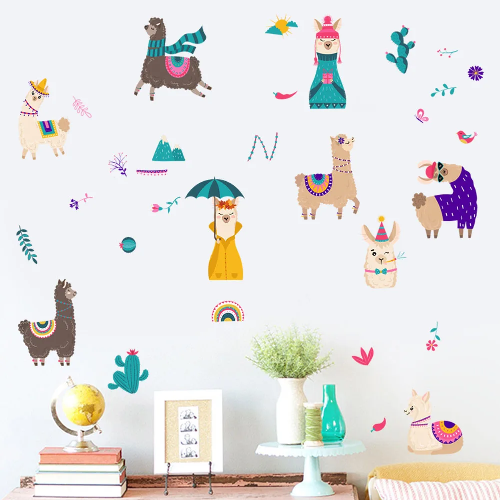 Cute Cartoon animal Alpaca wall stickers for kids rooms bedroom home decoration 3d vivid wall decals pvc mural art poster