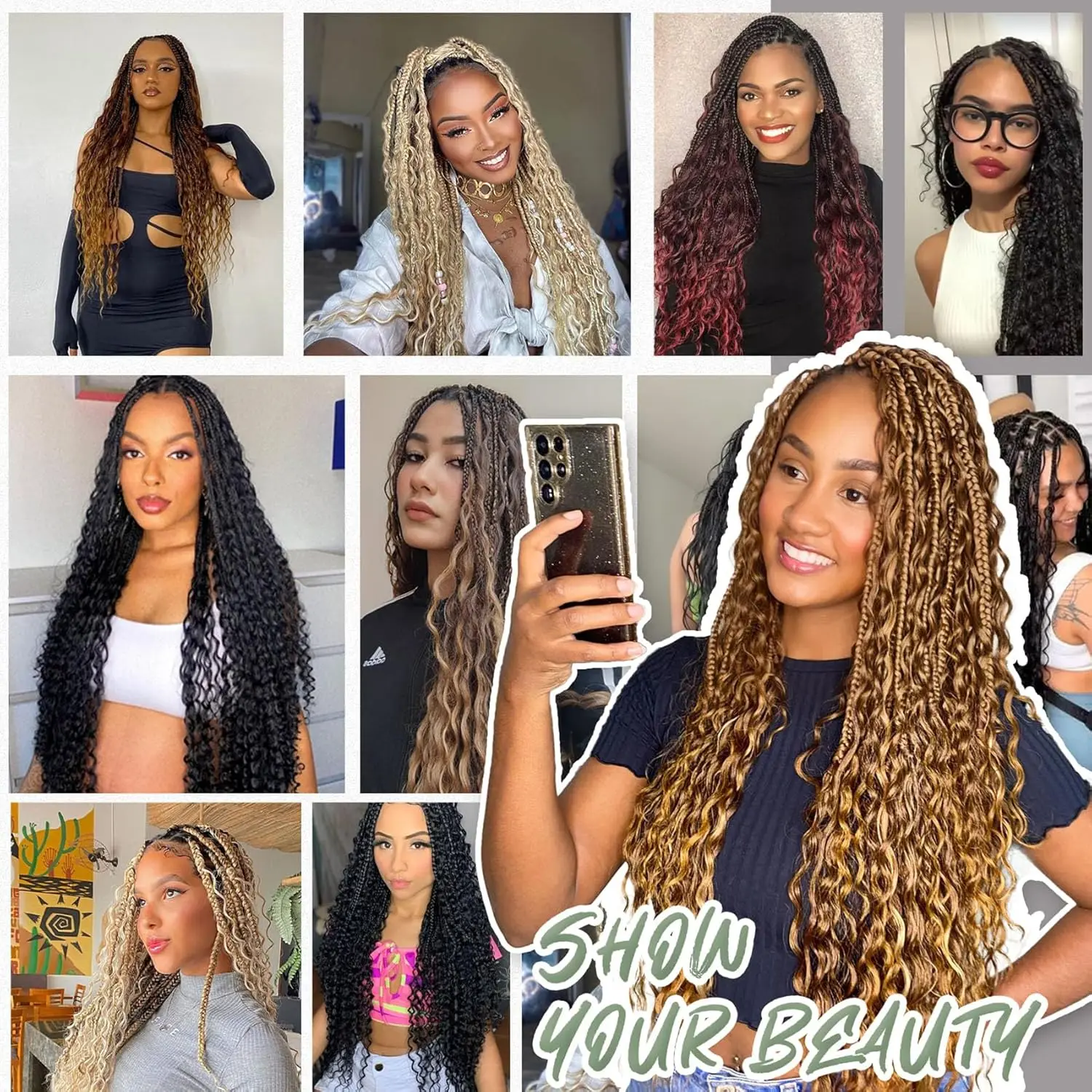 Goddess Boho Box Braids Вязаные крючком волосы с вьющимися концами 1 шт. Синтетические предварительно закрученные крючком Box плетение наращивание волос для женщин