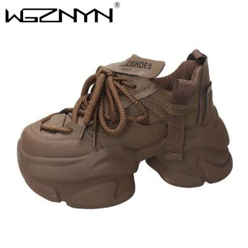 NEW Autumn Chunky Sneakers for Women 2024 Winter 8CM Heels Platform Sports Breathable Leather Shoes Woman Thick Bottom Dad Shoes