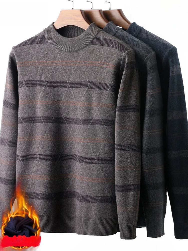 두꺼운 일체형 플리스 니트 스웨터 반 하이 칼라 남성용 가을 겨울 스타일 캐주얼 웨어 따뜻한 플러피 니트웨어