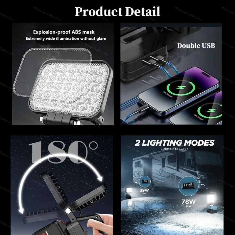 For Makita 18V 21V Li-ion Battery Wrok Light Portable Light Lantern With USB LED Flashlight for Emergency Lighting Tool Parts
