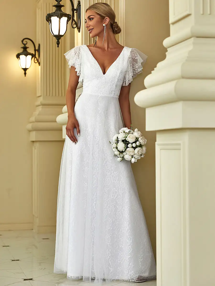 

BAZIIINGAAA Elegant Maxi Lace Wedding Dress with Ruffle Sleeves