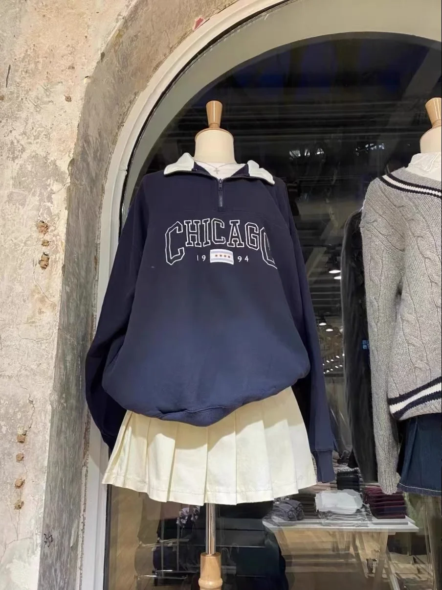 

American Sle Brandy BM Women's Sweatirt Loose Long Sve Stand Collar Embroidered Chicago Letter Jaet Casual Commute