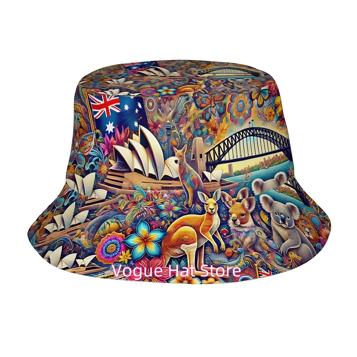 1pc Australian Flag, Kangaroo & Koala Bucket Hat with Sydney Opera House Print - Unisex Outdoor Hat Suitable for Beach, Hiking,