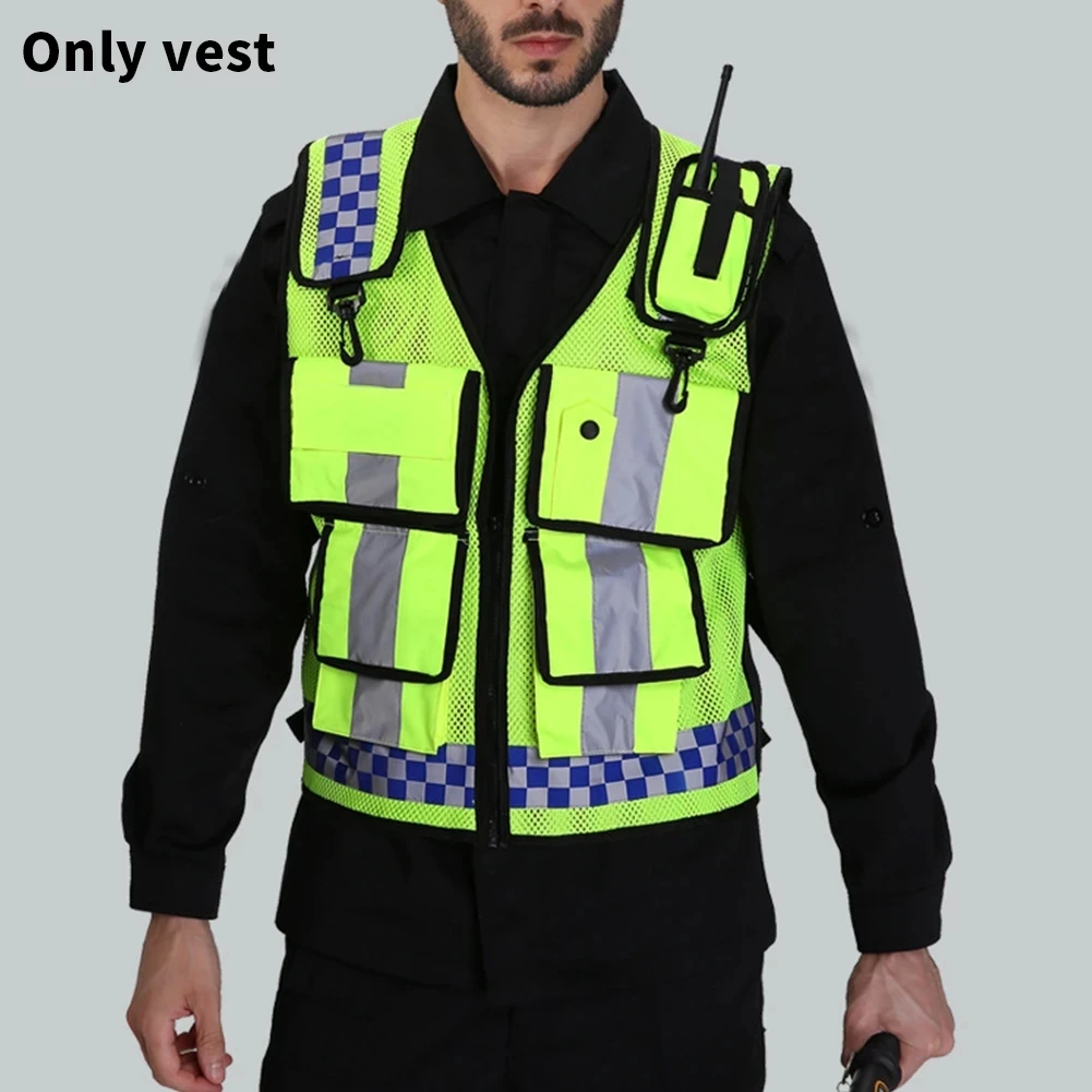 Police Reflective Vest High Visibility Reflective bonded multiple pockets Vest Mens Construction Worker Night Runner Safety Vest