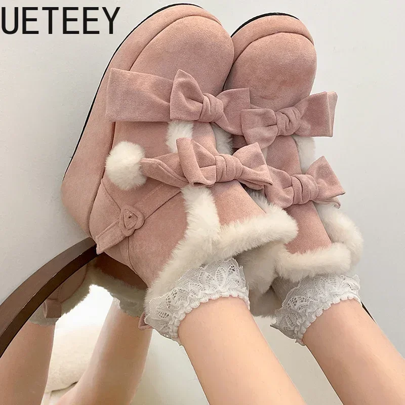 Winter Lolita Style Warm Plush Women Snow Boots Fashion Platform Thick Heel Short Booties Casual Comfort Cotton Shoes