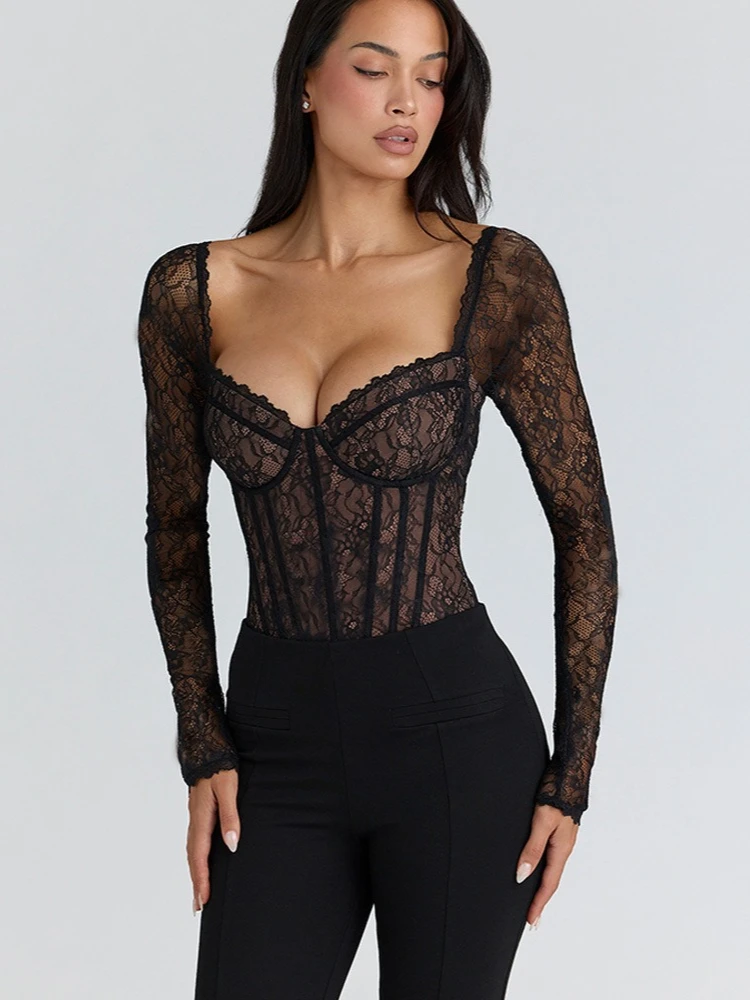 

Women's One Piece Lace Bodysuits Black Night Club Outfit Sexy Elegant Long Sleeve Backless Tights Ladies T-shirt Tops Streetwear