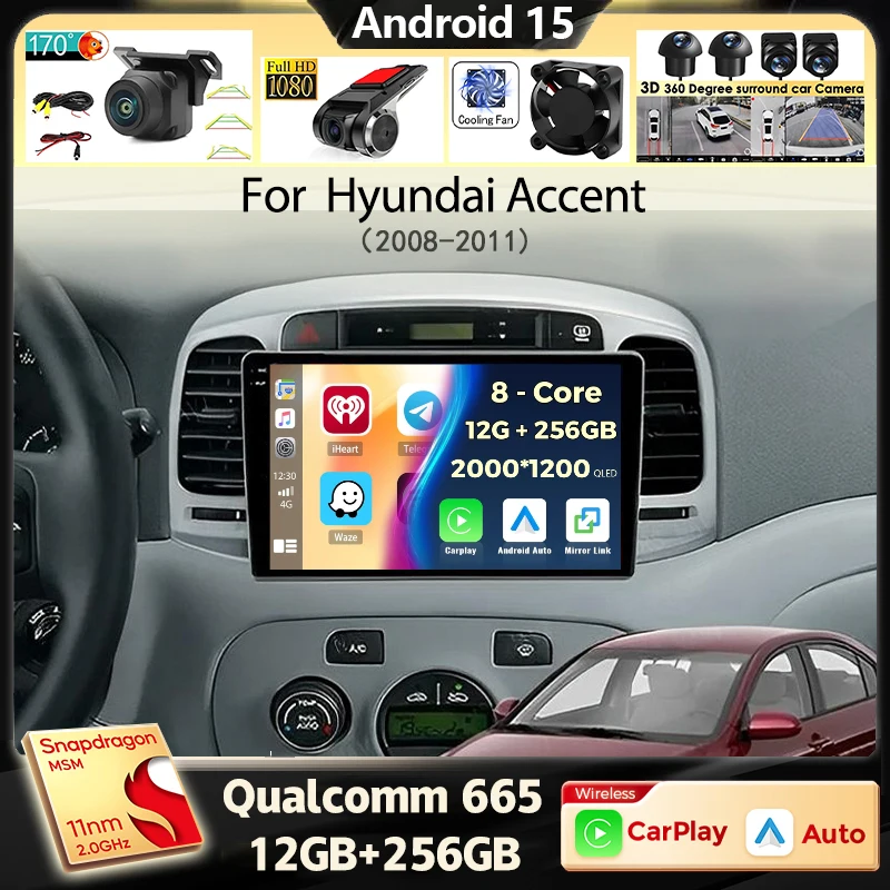 Android 16 Carplay Auto WIFI+4G Car Radio For Hyundai Accent 2008 2009 2010 2011 GPS Navigation Multimedia Video Player Stereo