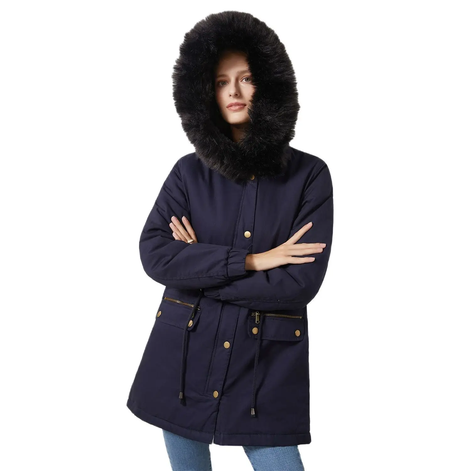 

Autumn/Winter New Style Women Plus Cashmere Cotton-Padded Coat Women With Fur Collar Hooded Warm Coat European Size Loose Jacket