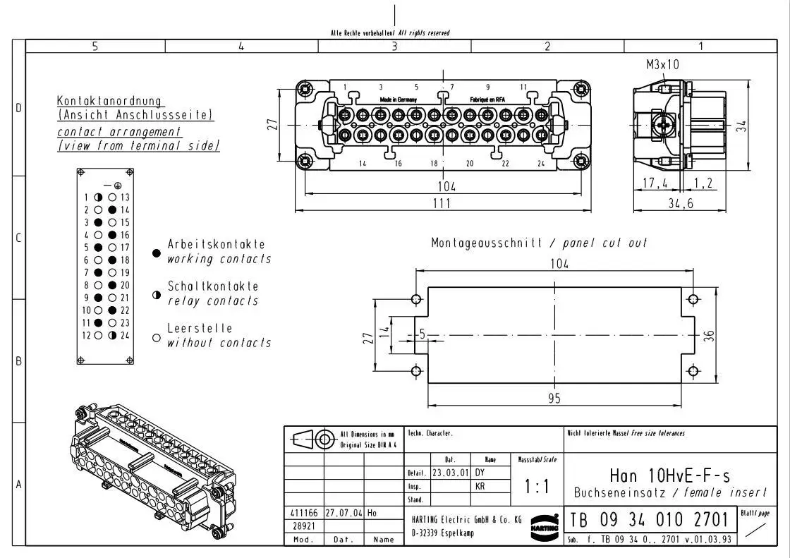 09340062701 Harting HAN 6 Han Hv E Series is new from stock