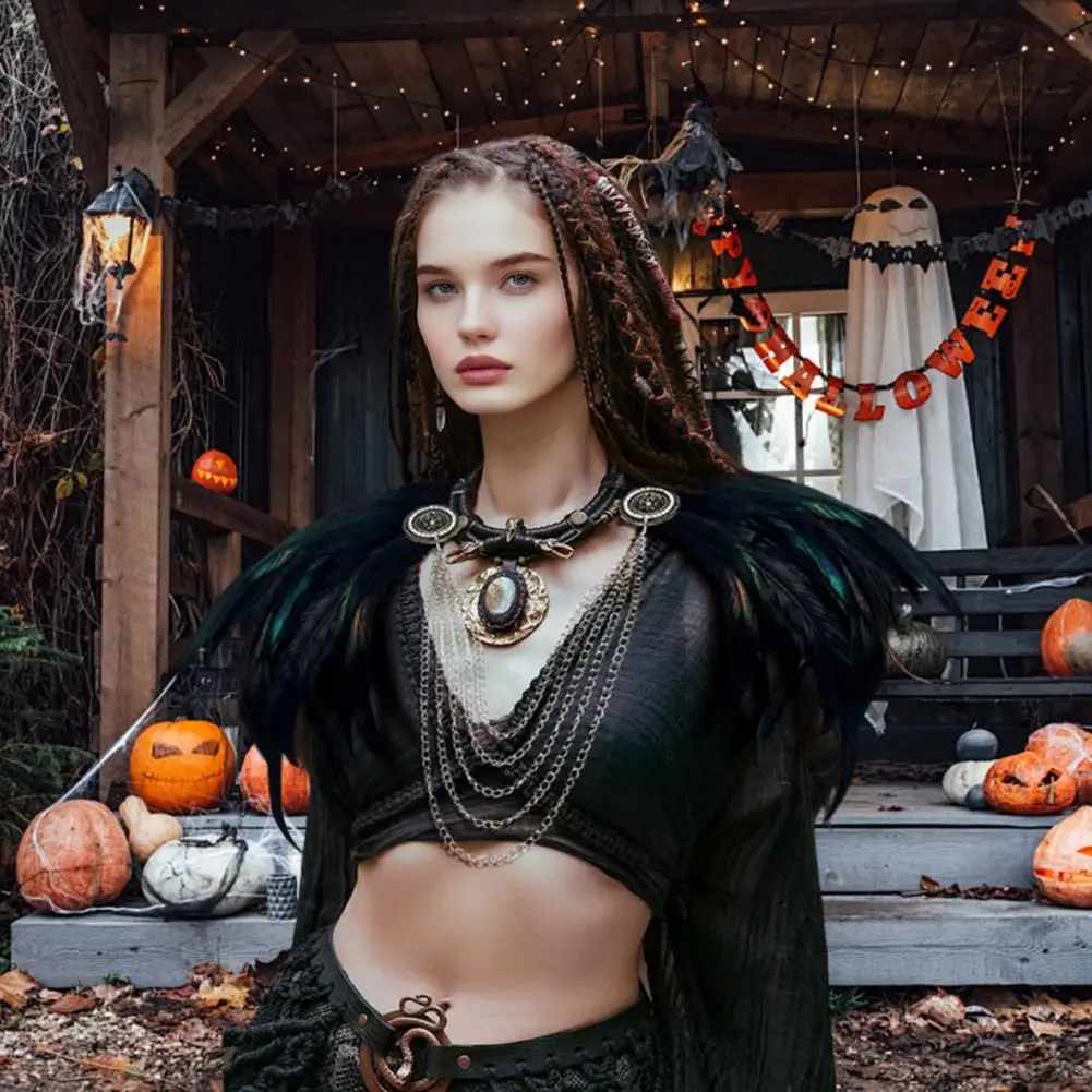 Capa de fiesta de carnaval, chal de plumas góticas, capa con cuello de encaje, disfraz de bruja para Halloween, Carnaval, mujer, negro y blanco
