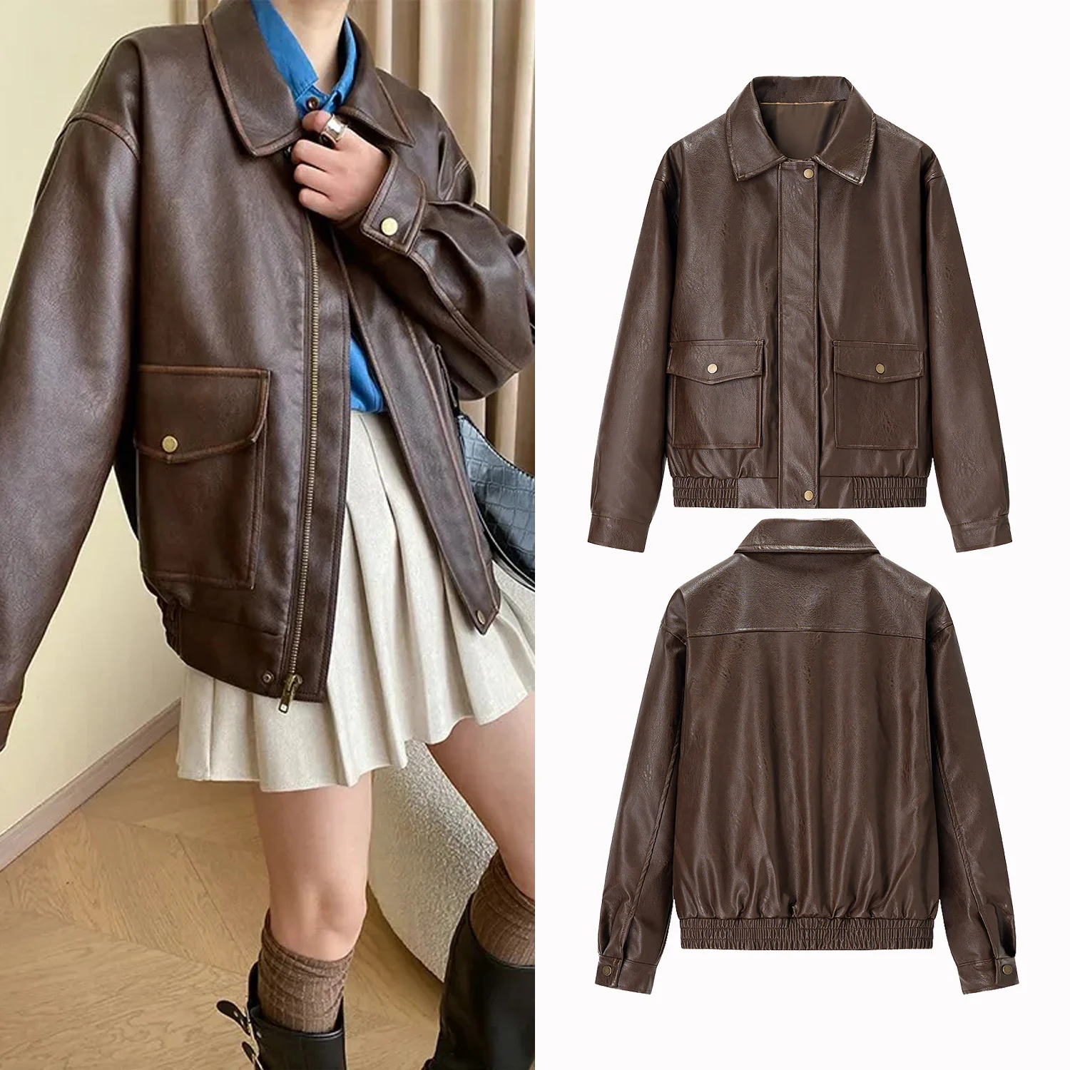 

Осень 2023, новая женская модная винтажная мотоциклетная куртка кофейного цвета, верхняя карманная украшение, верхняя одежда с длинными рукавами, пальто