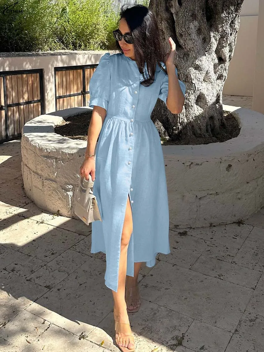 Oymimi Elegant Khaki Cotton Dresses 2025 Woman Autumn O-Neck Short Sleeve Single Breasted Dresses Fashion Lace-Up Mid-Calf Dress