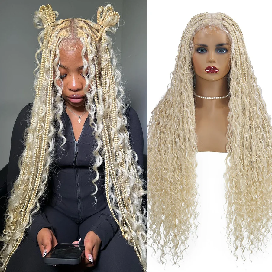 Synthetic 613 Blonde Bohemian Box Braids Wigs Full Lace Front Wigs Knotless Braided With Curly Hair Wig Goddess Locs Braided Wig
