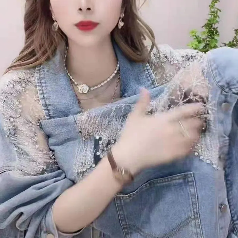 Korean Gauze Spliced Lace Denim Coat Women\'s Clothing Turn-down Collar Spring Autumn Fashion Sequined Single-breasted Jackets