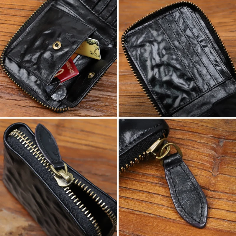 Men Genuine Leather Card Wallet Real Leather Snap Short Purse Women Coin Pocket Zipper Around Small Trifold Pocket